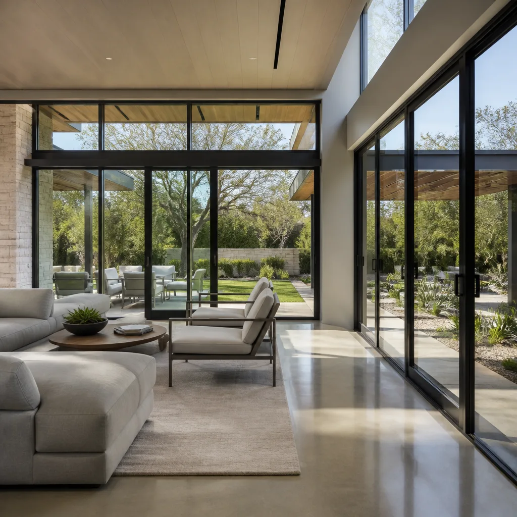 Modern floor to ceiling sliding glass door replacement in luxury home