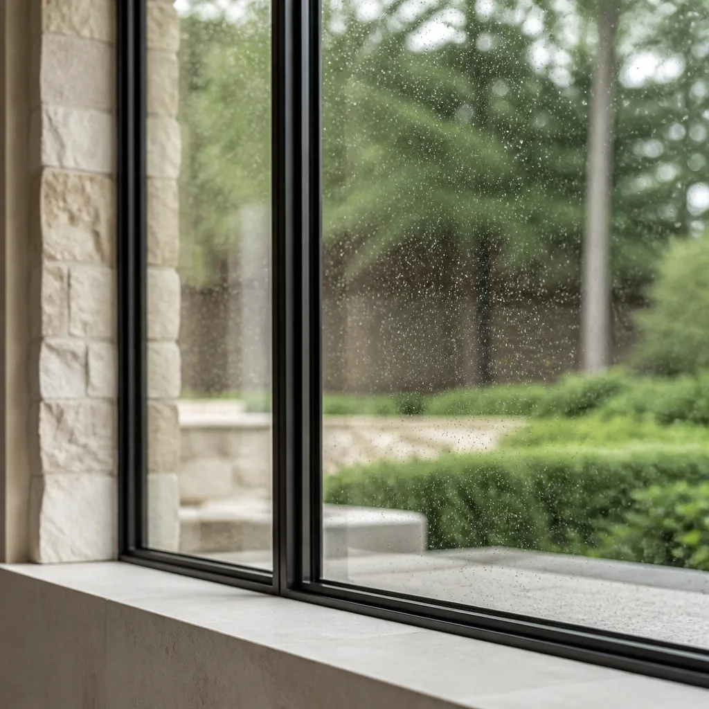 Modern black window installation overlooking a lush rainy garden