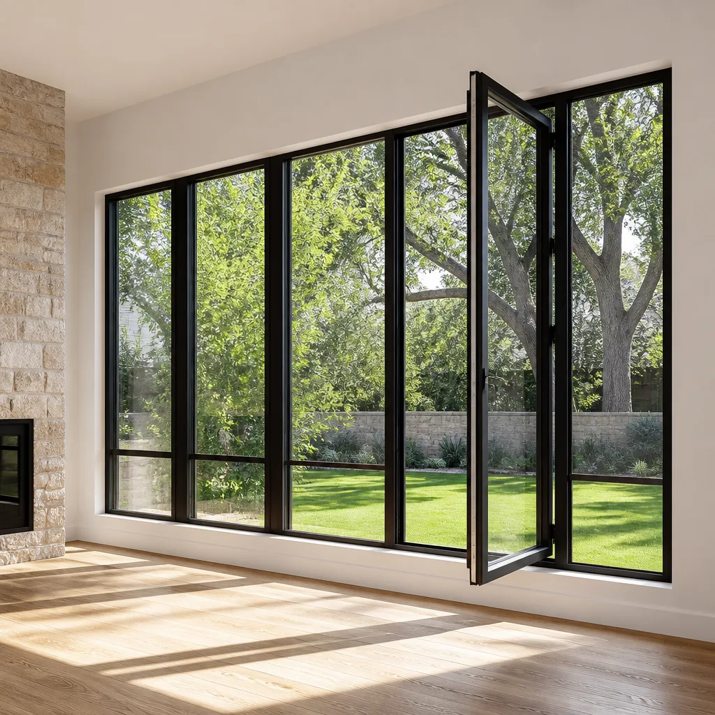 Modern black-framed casement window system installed in a bright living room