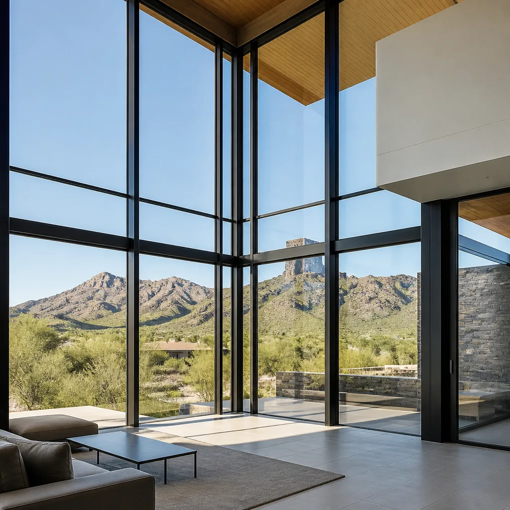 Modern floor-to-ceiling window installation in a luxury home with mountain views
