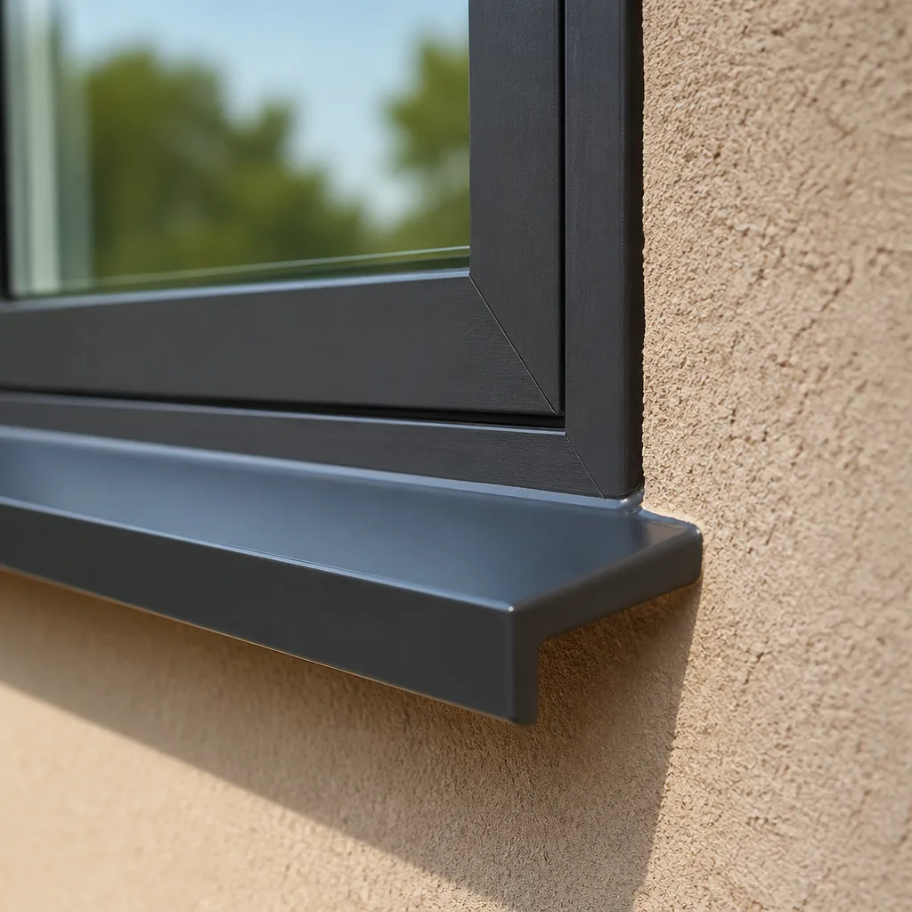 Modern dark grey aluminum window frame installed on a beige stucco wall