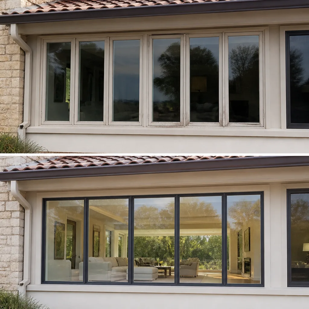 Modern home window replacement before and after comparison
