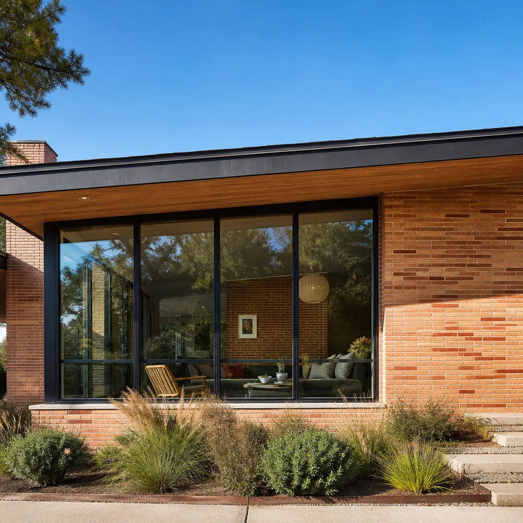 Modern home exterior with large glass windows installed for window replacement.
